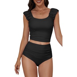 Eomenie Tankini Swimsuits for Women Ruched Tummy Control Bathing Suit Two Piece Swim Tank Top with High Waisted Bottom Black