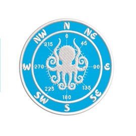 Compass w/Octopus Embroidered Premium Patch Iron-On or Sew-On Embroidery Applique - Color: Blue - Nautical Sea Ocean Creatures Beach - Fun Novelty Badge Biker Emblem - Vacation Tourist Souvenir