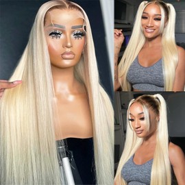 Ombre Blonde Lace Front Human Hair Wig 180% Density 1B613 Blonde Ombre 13x4 HD Undetectable Melted Lace Frontal Wigs for Black Women Straight Pre Plucked Bleached Knots Wigs with Dark Roots 18 Inch