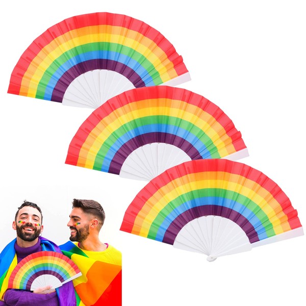 3 Pcs Rainbow Hand Fans, Foldable Gay Pride Fans, Colorful Paper Gay Fans Pride Stuff Accessories for LGBT Pride Month (Horizontal Striped Rainbow)