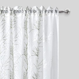 DWCN Sheer Curtains 84 Inches Long with Embroidered Tree Branch Design - White & Sage Green Faux Linen Semi Voile Drapes for Bedroom and Living Room, 2 Panels Rod Pocket Window Treatments