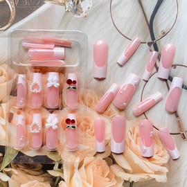 Long Square French Tip Press on Nails with Diamond Cherry Bow Pearl Design Fake Nails Convenient Wear Glossy Pink Acrylic Nails Very Long Artificial Nail False White Nail Tips for Women Girls, 24Pcs