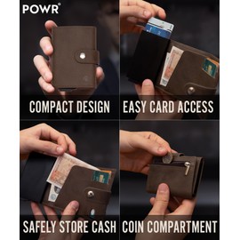 POWR Wallet Men Metal Cardholder Wallet with Coin Compartment. Brown Vegan Leather RFID Card Holder for Men. Minimalist Wallet Credit Card Holders for Men. Bifold Wallets for Men Credit Card Holder