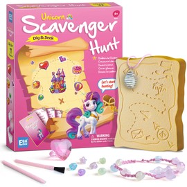 EDUMAN Unicorn Scavenger Hunt Dig Kit, Interactive Arts & Crafts Game with Clue Cards, Gemstone Dig Kit, DIY Jewelry Making Kit, Educational Toys & Stem Toys for Kids Age 6+, Birthday Gifts for Girls