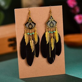 Boho Feather Earrings for Women Bohemian Black White Red Fringe Tassel Long Drop Dangle Earrings (Black)