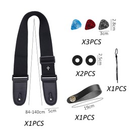 NYGGTYK 1 Black Guitar Strap, 1 Belt Buckle, 2 Rubber Buckle Locks, 3 Guitar Picks, Guitar Strap Set, Electric Guitar Strap Lock, Cross Strap, black