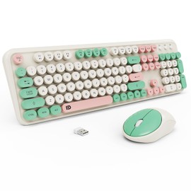 Keyboard and Mouse Wireless,2.4Ghz Retro Typewriter Style Round Keycap,Full Size Wireless Keyboard Mouse Combo,Cute Cordless Keyboard Mouse Set for PC Laptop Desktop Computer-Milk White Green Colorful