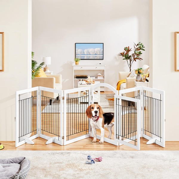 Yaheetech 148-inch Extra Wide Pet Gate for Dogs 34-inch Tall Dog Gate with Door, Foldable Wire Puppy Safety Fence w/3 Support Feet,Freestanding Dog Gate for The House, Doorway, Stairs(White,6 Panels)