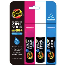 Sun Zapper Zinc Oxide Sunscreen Stick – SPF 50+ Waterproof – 3-Pack (Pink, White, Blue) – For Face & Body – Adults, Kids, Baby – Travel Size – Made in Australia