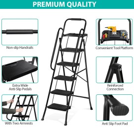 SEGAWE 5 Step Ladder Folding Step Stool w Wide Anti-Slip Pedal Lightweight Sturdy Black