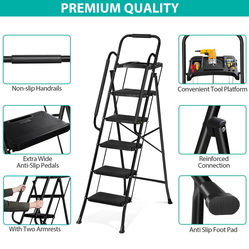 SEGAWE 5 Step Ladder Folding Step Stool w Wide Anti-Slip
