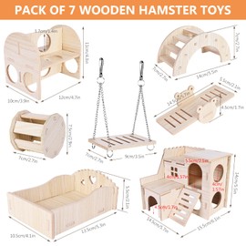 Hamster Toy House Hamster Cage Accessories: 7 Pieces DIY Wooden Hamster Chew Toy, Guinea Pig Toy, Hamster Wheel Bridge Swing Hamster House for Gerbils, Rats, Dwarf Hamsters, Chinchilla