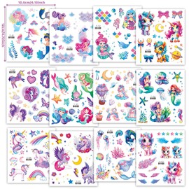 EOAMGO Glitter Temporary Tattoos for Kids, Unicorn Party Bag Fillers Fake Tattoos for Girls, Stick on Tattoo Transfers, 12 Sheets of Mixed Unicorn, Moon, Mermaid Tattoo Stickers Kit for Kids (02)