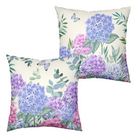 Kwlegh Hydrangea Pillow Covers 18x18 Set of 2 Spring Flowers Outdoor Pillow Covers Blue Purple Hydrangea Eucalyptus Throw Pillowcase Cotton Linen Cushion Case for Sofa Outdoor Patio
