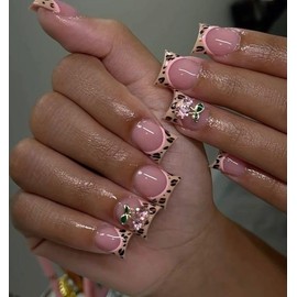 MouyouGlow Short False Nails, Square Nude Pink Leopard French 3D Diamond Cherry Press on Nails with Nail Glue, Pink Natural Leoparden Tips Rhinestone Cherries Fake Nails
