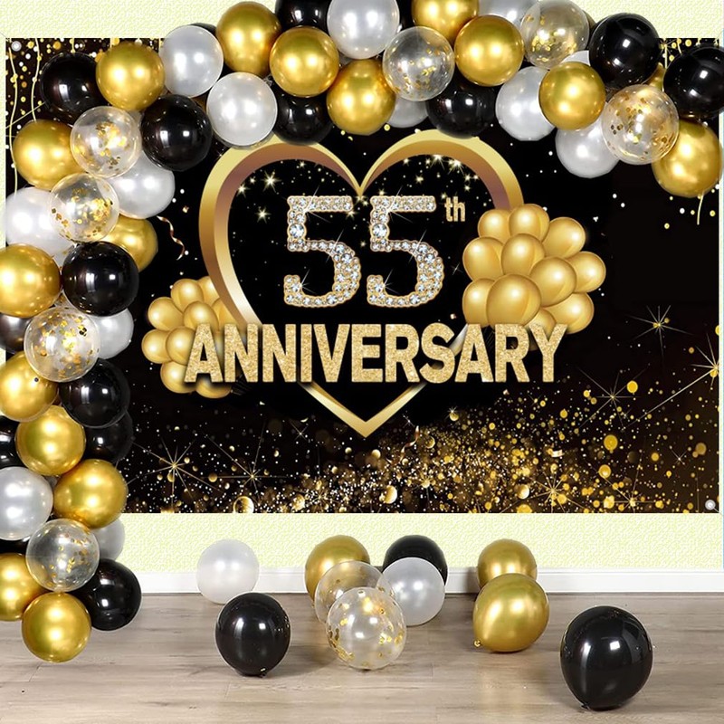 Happy 55th Anniversary Banner Backdrop Decorations, Wedding Anniversary 55th Happy