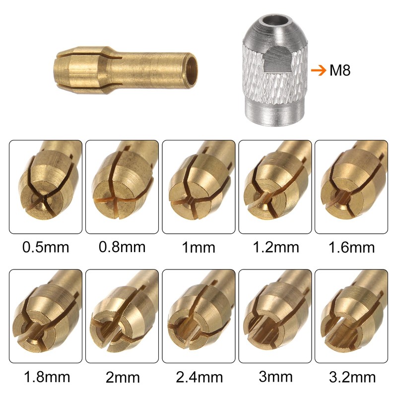 sourcing map 10-Piece Drill Chuck Collet Set 0.5-3.2 mm, Brass