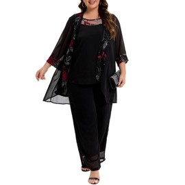 3 Piece Mother of The Bride Pant Suits Plus Size Chiffon Sets Embroidered Laces Wedding Guest Outfit with Jacket Black