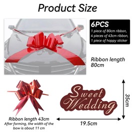 1 Wedding Car Flower, 4 Hand-Drawn Flowers, 1 Wedding Car Sticker, Red Bow, Wedding Car Decoration Red Ribbon, Wedding Car Accessories