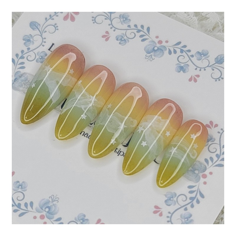 Mood pastel gradient handmade nail tips. Pedi tips - Stiletto