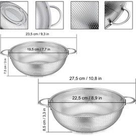 Set of 2 Kitchen Strainers with Handles, Pasta Sieve, Diameter 22 cm, 19 cm, Stainless Steel Pasta Strainer, Strainer Basket Over, for Pasta, Draining Vegetables and Fruits, Rice, Dishwasher Safe