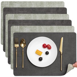 Myir JUN Dual Sided Placemats, Faux Leather Set of 6 Indoor/Outdoor Square Non-Slip Washable Table Mats (Gray Grass Green)