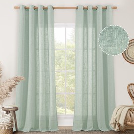 LAMIT Light Sage Linen Curtains 84 inch Length 2 Panels Set, Linen Textured Light Filtering Drapes Bronze Grommet Boho Burlap Panels for Bedroom/Living Room, 52 x 84 Inch