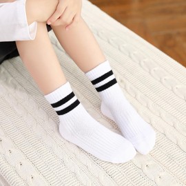 Auranso Kids Socks 9 Pairs Girls White Sports Mid-calf Crew Socks Boys Cotton School Athletic Cushioned Socks for Toddlers to Junior, 11-15 Years