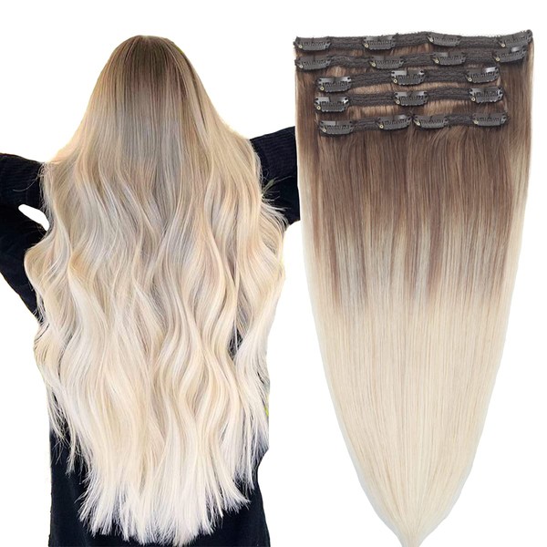 VINBAO Hair Extensions Ombre Blonde Clip in Human Hair Extensions 20 inch Ash Brown Fading to Platinum Blonde Real Hair Extensions Clip ins 6pcs 120g Real Human Hair Extensions(#8T60-20Inch)