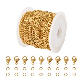 Pandahall 16.4Feet 18K Gold Plated Stainless Steel Figaro Cable Chains Flat Twisted Link Cuban Chain Spool with 20Pcs Lobster Claw Clasps 40Pcs Jump Rings for Women Men Necklace Bracelet
