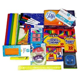 Back to School Supplies Bundle with Tissue, Markers, Pencils, Sharpeners, Crayons, Erasers, Glue Sticks, Earbuds, Paper Folders, Ruler, Ruled Index Cards, Scissors and Notebooks (20 Items)
