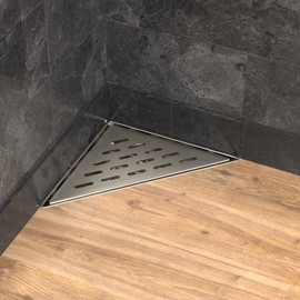 Hydroware Triangle Shower Drain - Stainless Steel Triangular Shower Floor Drain with Removable Patterned Grate, Hair Strainer, Threaded Adapter (8 x 11 Inches, Brushed)