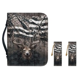 Cadowhimsy Vintage Camo American Flag Elk Deer Print Faux Leather Bible Cover Book Cover Church Bible Case Carrier with Bookmarks Books Carrying Case for Women Men Prayer Christian, 2XL