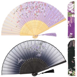 OMyTea Folding Hand Fans for Women - Chinese Japanese Vintage Bamboo Silk Fans - for Hot Flash, EDM, Music Festival, Party, Dance, Performance, Decoration, Wedding, Gift (Gray Plum & Purple Sakura)
