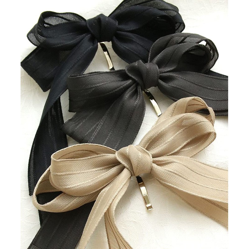 VINGTAINE H7468-BK- Striped Pattern, Long Ribbon, Pony Hook, Hair Cuff,