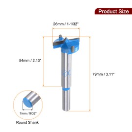 sourcing map Forstner Drill Bits 1-1/32 inch / 26mm Round Shank 9/32 inch, Carbide Forstner Bit Woodworking Hole Opener Cutter Tool for Wood Drilling/Cabinet Hinges, Blue