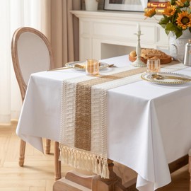 Table Runner,Linen Rustic Beige Tabletop Runners ,Macrame Table Runner with Tassels for Holiday Parties and Everyday Use
