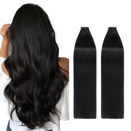 Silk-co 40Pcs Tape in Hair Extensions 16inch Real Human Hair Extension 100g #01 Jet Black Skin Weft Silky Soft Seamless Straight Full Head