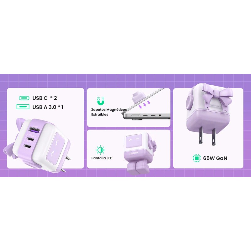 Cargador Ugreen Nexode Robot Gan Fast Charger 65w Purple Color
