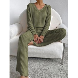 Famulily Pyjamas for Women Long Sleeve V-Neck Loungewear Leisure Suit Wide Leg Pyjamas Two Piece Set Outfit with Pockets, Army Green