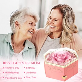 minstely Heart Shape Preserved Real Rose Box with Necklace, Forever I Love You Roses Gifts for Her, Eternal Flowers Gifts for Women, Birthday Anniversary Thanksgiving Ideas - Pink