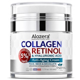 Alozera Hidratante facial antienvejecimiento con retinol, complejo de péptidos de colágeno al 5% y ácido hialurónico, crema reafirmante e hidratante para rostro y cuello para mujeres y hombres, crema