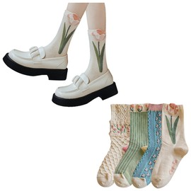 FASELE Women's Stylish Socks, Crew Socks, Cute, Floral Pattern, Sports, Everyday, Cotton, Breathable, Soft, Spring, Summer, Autumn, Winter, All Seasons, Mid Tube Socks, Gift, Present, Set of 4 Pairs,