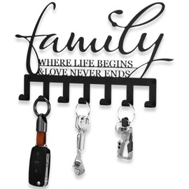 Hicarer Family Key Holder Metal Hooks Decorative Hanger Black Rack Wall Mount Organizer with Screws and Anchors for Keys Hat Kitchen Entryway Front Door Home Decor