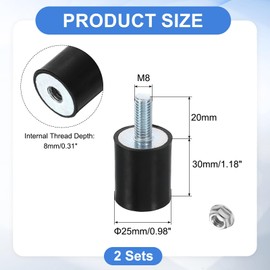 sourcing map M8 Rubber Mounts, 2Pcs 24x30mm(DxH) Rubber Cylindrical Anti Vibration Isolator Shock Absorber with Lock Nut for Car Bobbin Generator Air Compressors