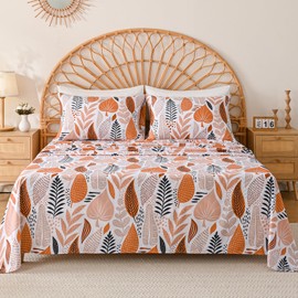 Yibeizi Boho Leaves Printed Sheet Set Queen, Botanical Pattern Bed Sheets Microfiber Bedding Sheets & Pillowcases Soft 15" Extra Deep Pocket Fitted Bedsheet 4 Piece