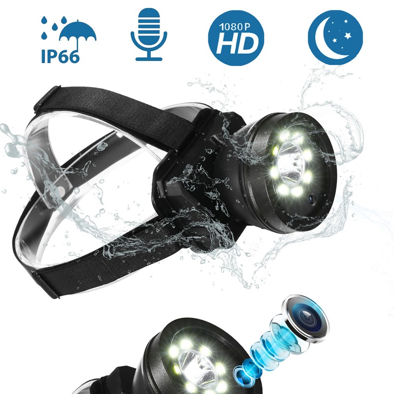 Headlamp Camera 1080P Adjustable IPX4 Waterproof Rechargeable Hands Free Head