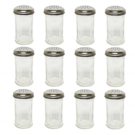 TrueCraftware- 12 oz. Sugar/Cheese Shaker Pourer with Stainless Steel Perforated Cap Set of 12- Paneled design Sugar Cinnamon Sugar Pepper Parmesan Cheese Shaker for Kitchen and Restaurants