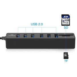 CARYWON Hub USB, Adaptador Extensión USB con 6 Puertos USB 2.0, Lector de Tarjetas SD/TF, 8 en 1 Puerto Portátil USB 2.0 para Macbook Air, iMac, Windows Surface, Ultrabook y Otro Laptop o PC, Negro