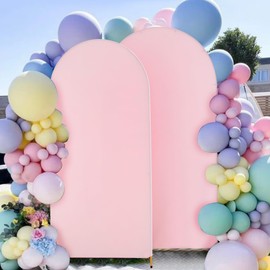 7.2FT 6FT Baby Pink Arch Backdrop Cover Set of 2,Wrinkle Free Stretchy Spandex Set of 2 Wedding Arch Cover,Pink Round Chiara Arch Backdrop Background Stand Cover for Birthday Party Baby Shower